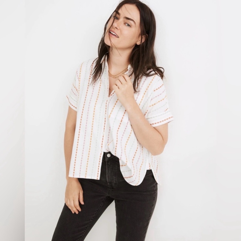 Striped White Button-Up Women’s Top